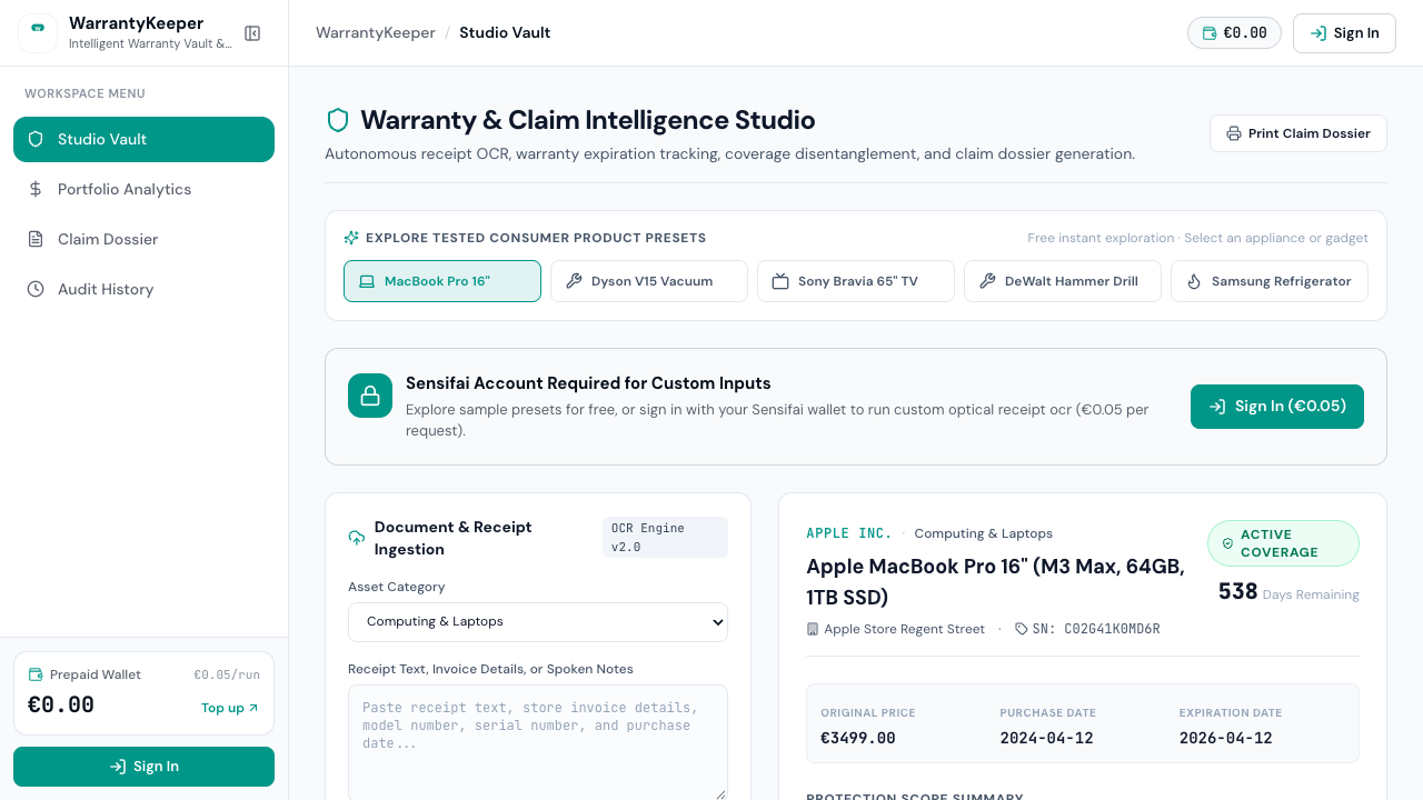 WarrantyKeeper Interactive Workspace